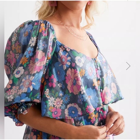 STORIA Womens Floral Tiered Puff Sleeve Mini Dress Metallic Blue Size L Cottage - Picture 10 of 10